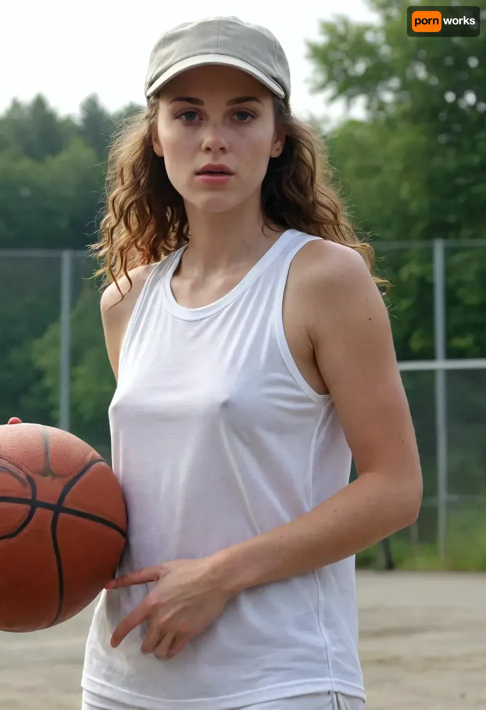 (masterpiece, best quality:1.2), 1 40yo woman, sexy nordic woman, (she wears a wet baggy oversized white sleveless basketball shirt with big number " 8 ":1.4), outdoors in a motodrom, (longest curly brunette hair:1.2), she wears no bra, grey eyes, pointed nose and chin, (she wears a basecap:1.4), photorealism, Wearing, clothes, that, make, sense, with, Braless>, <lora:681678_training_data:.5>, <lora:bralessSDXL_v1_00022:.5>