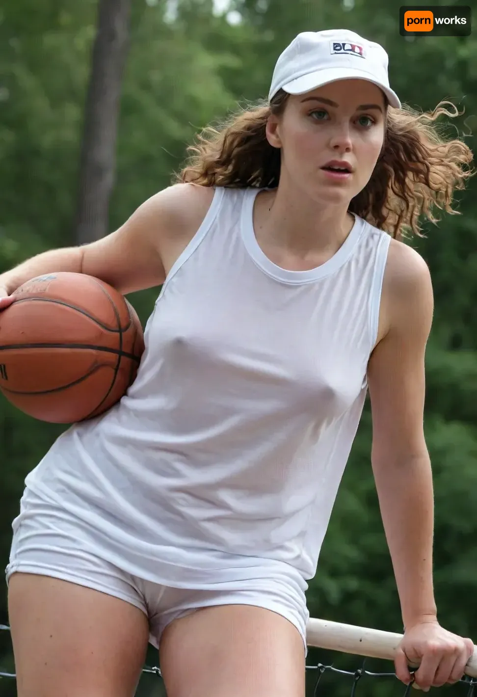 (masterpiece, best quality:1.2), 1 40yo woman, sexy nordic woman, gigantic breast, (she wears a wet baggy oversized white sleveless basketball shirt with big number " 8 ":1.4), outdoors in a motodrom, (longest curly brunette hair:1.2), she wears no bra, grey eyes, pointed nose and chin, (she wears a basecap:1.4), photorealism, Wearing, clothes, that, make, sense, with, Braless>, <lora:681678_training_data:.5>, <lora:bralessSDXL_v1_00022:.5>