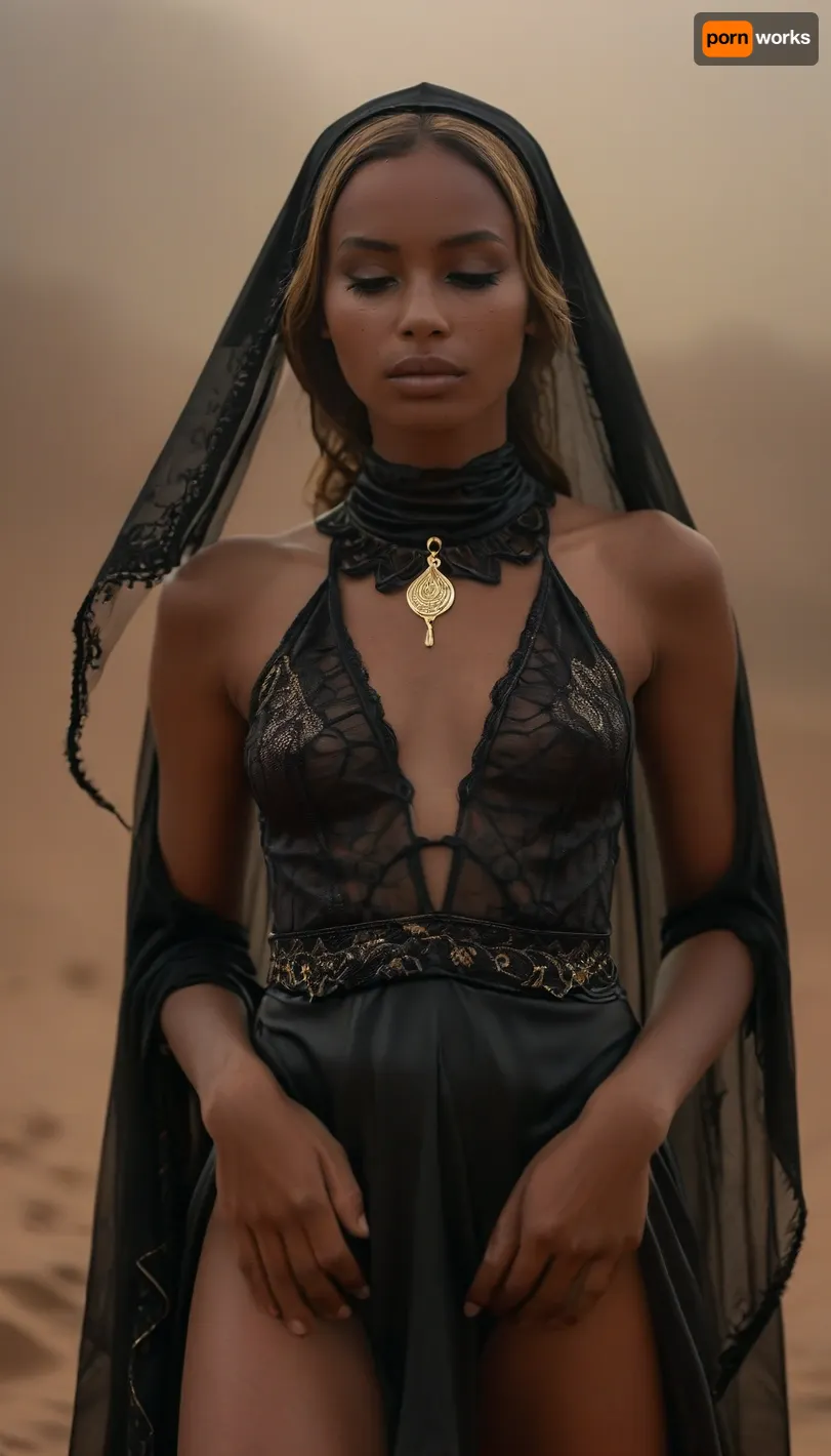 AI, make an effort with your hands and five fingers, ((full body front view from very low angle:1.5)), upskirt, masterpiece, very deeply tanned very beautiful slim 18 year old nomad nubian girl dressed in black hunting suite in desert, (full moon, fog misty), with closed eyes, ((wearing tight delicate black lace traditional dress)), ((black gaze veil covering the head and eyes)), black sundress reveals partially her shaved pussy beneath hem, detailed tight clitoris, necklace, (lot of gold lingery), closed eyes, perfect medium-size breasts, black extra long dreds, ((glossy very deep seamless suntanned skin:1.5)), narrow waist, closed eyes with excited expression, full body, vagina, out, rear, shot, front, clothes, Braless, braless, Wearing, that, make, sense, with, Braless>, NEGATIVE_HANDS, <lora:upskirt:.5>, <lora:style_lora_realis:1>, <lora:bralessSDXL_v1_00022:.5>, <lora:Midjourney Image Enhancer XL v1:1>