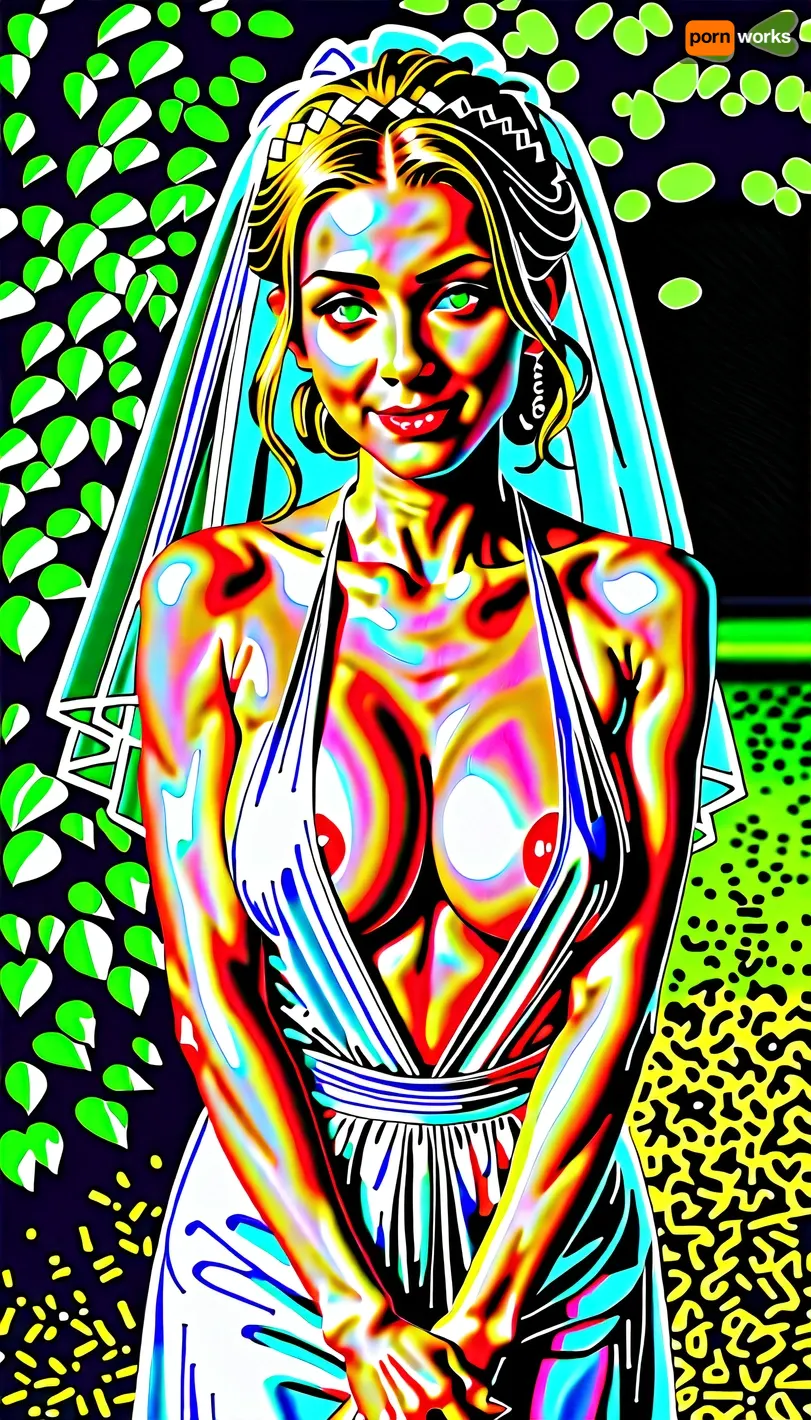 {female, 21 years old, short eyebrows, hair over shoulder, strawberry blonde hair, french braid, large breasts, green eyes} sexy bride leaning forward, breasts falling out of wedding dress, plunging neckline, lacey white wedding dress, 1girl, masterpiece, best quality, highres, cowboy shot, looking at viewer, outdoors, seductive smile, off shoulder, jewelry, standing, own hands together