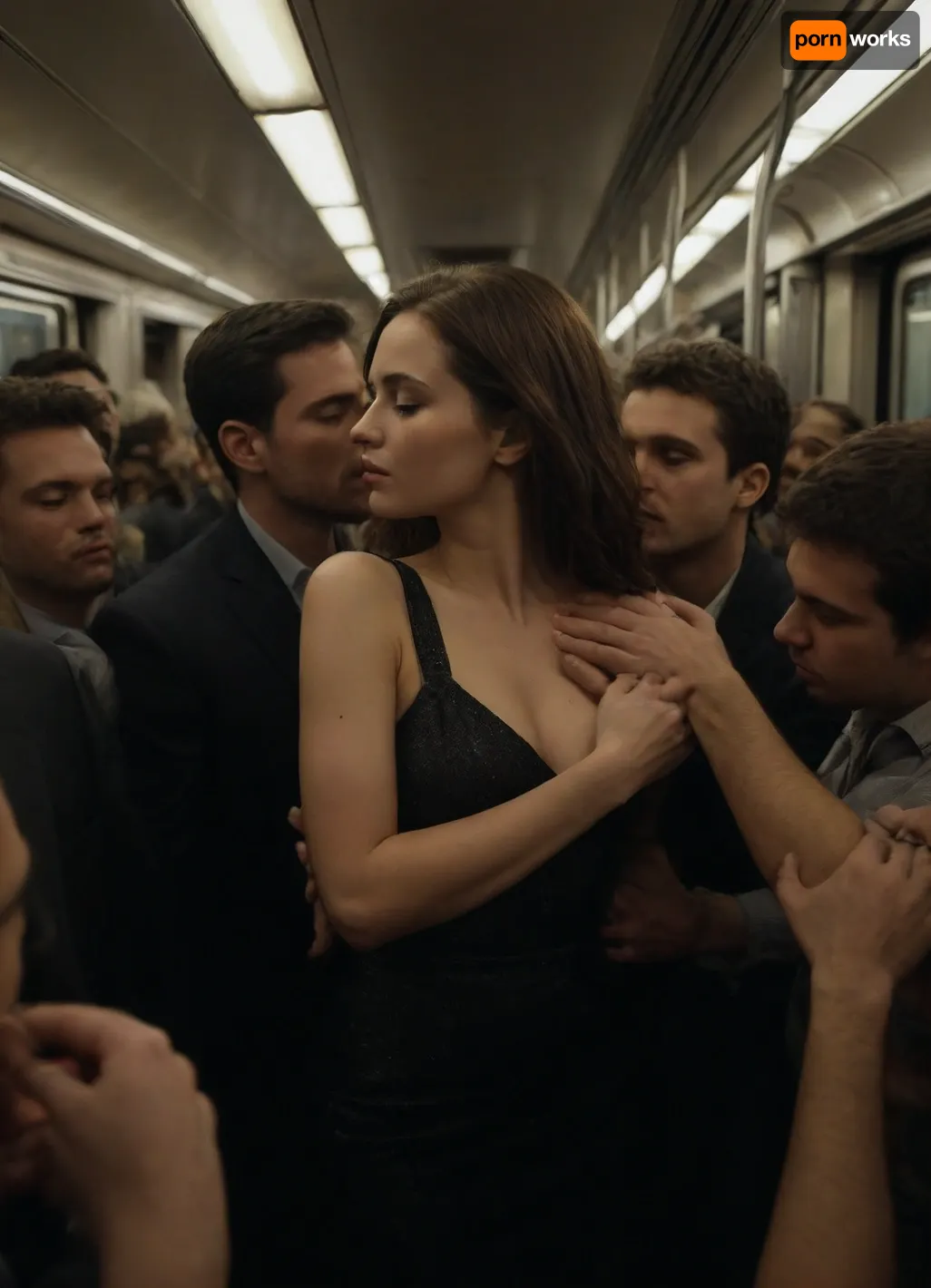 frottage, (sexy dressed girl), (tight crowd in a subway car), men touching against the clothed body of slender girl in a crowd, (many, hands, caress, a, woman's, body:1.3)