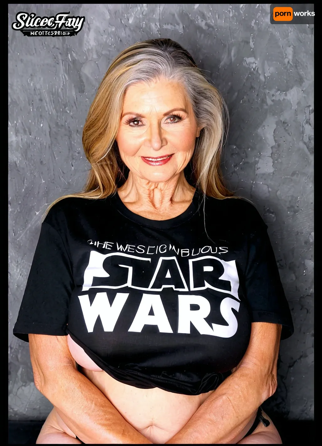 Very busty old common grandmother, massive oversized siliconed breasts, real old grandmother, tight t-shirt, Star Wars Chewbacca fan's shirt, thick old grandmother
High detailed photo, high quality photo, portrait, different angles posing style, wide shot, photo booth