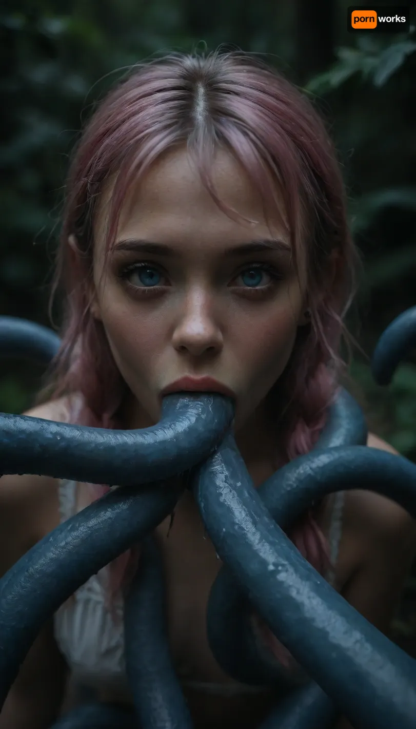 (maximum details:1.5), extreme closeup on tentacles entering a girl's mouth and keep moving inside her, keep on moving, further and further inside the girl, very cute obedient 18 yo petite girl, pink hair in pigtails, in dark thick woods at night, ((bright blue seamless tentacles with pointy ends gang bang the girl:1.4)), ((oral penetration:1.9)), thick saliva threads, white wet hair, extra cute, extremely pretty, cute round face and gorgeous face structure, gorgeous model face, ((wet hair)), (cinematic masterpiece), naughty aesthetic, insatiable beauty, <lora:dark:1.1>