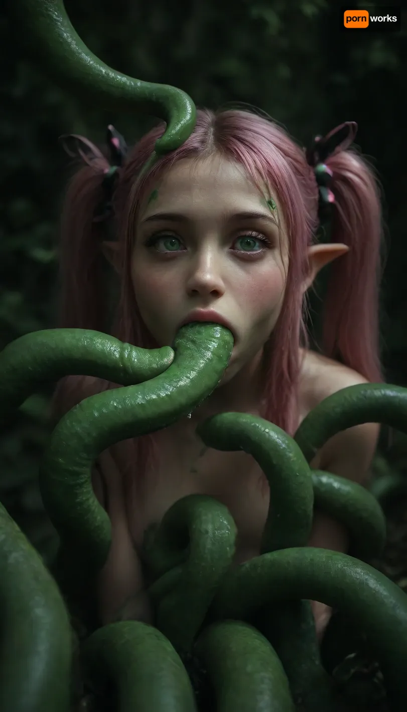 (maximum details:1.5), extreme closeup on tentacles entering a girl's mouth and keep moving inside her, keep on moving, further and further inside the girl, very cute obedient 18 yo petite girl, pink hair in pigtails, in dark thick woods at night, ((bright green seamless tentacles with pointy ends gang bang the girl:1.6)), ((oral penetration:1.9)), thick saliva threads, white wet hair, extra cute, extremely pretty, cute round face and gorgeous face structure, gorgeous model face, ((wet hair)), (cinematic masterpiece), naughty aesthetic, insatiable beauty, <lora:dark:1.1>