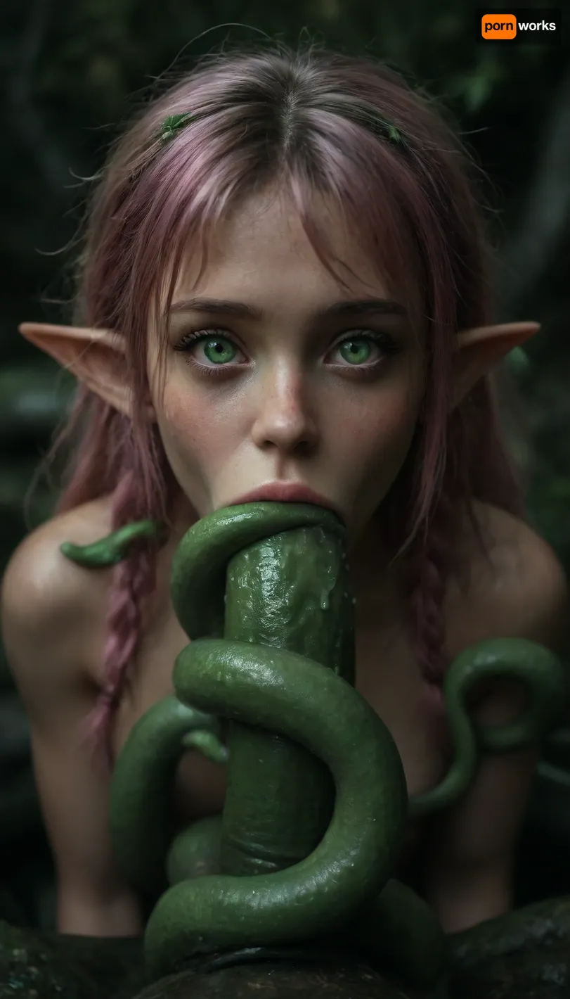 (maximum details:1.5), extreme closeup on tentacles entering a girl's mouth and keep moving inside her, keep on moving, further and further inside the girl, very cute obedient 18 yo petite girl, pink hair in pigtails, looking at the viewer, in dark thick woods at night, ((bright green seamless tentacles with pointy ends gang bang the girl:1.6)), ((oral penetration:1.7)), thick saliva threads, white wet hair, extra cute, extremely pretty, cute round face and gorgeous face structure, gorgeous model face, ((wet hair)), (cinematic masterpiece), naughty aesthetic, insatiable beauty, <lora:dark:1.3>