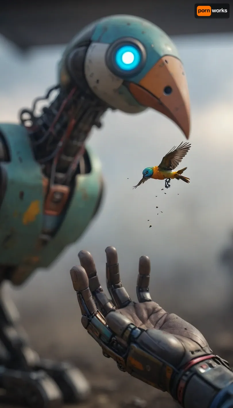 very strong close-up with shallow depth of field of a colorful Bird fed with seeds from outstretched robot hand in foreground, (background filled with a blurred robot face observes the bird on the hand:1.4), cloudy, smoke, atmospheric, clouds, fog, TIE, fighter, <lora:Simon_Stalenhag_LFTL_SDXL:1.7>, <lora:Cloudy_Style:.8>, <lora:TIE fighter:.8>, <lora:[XL]focus:.8>