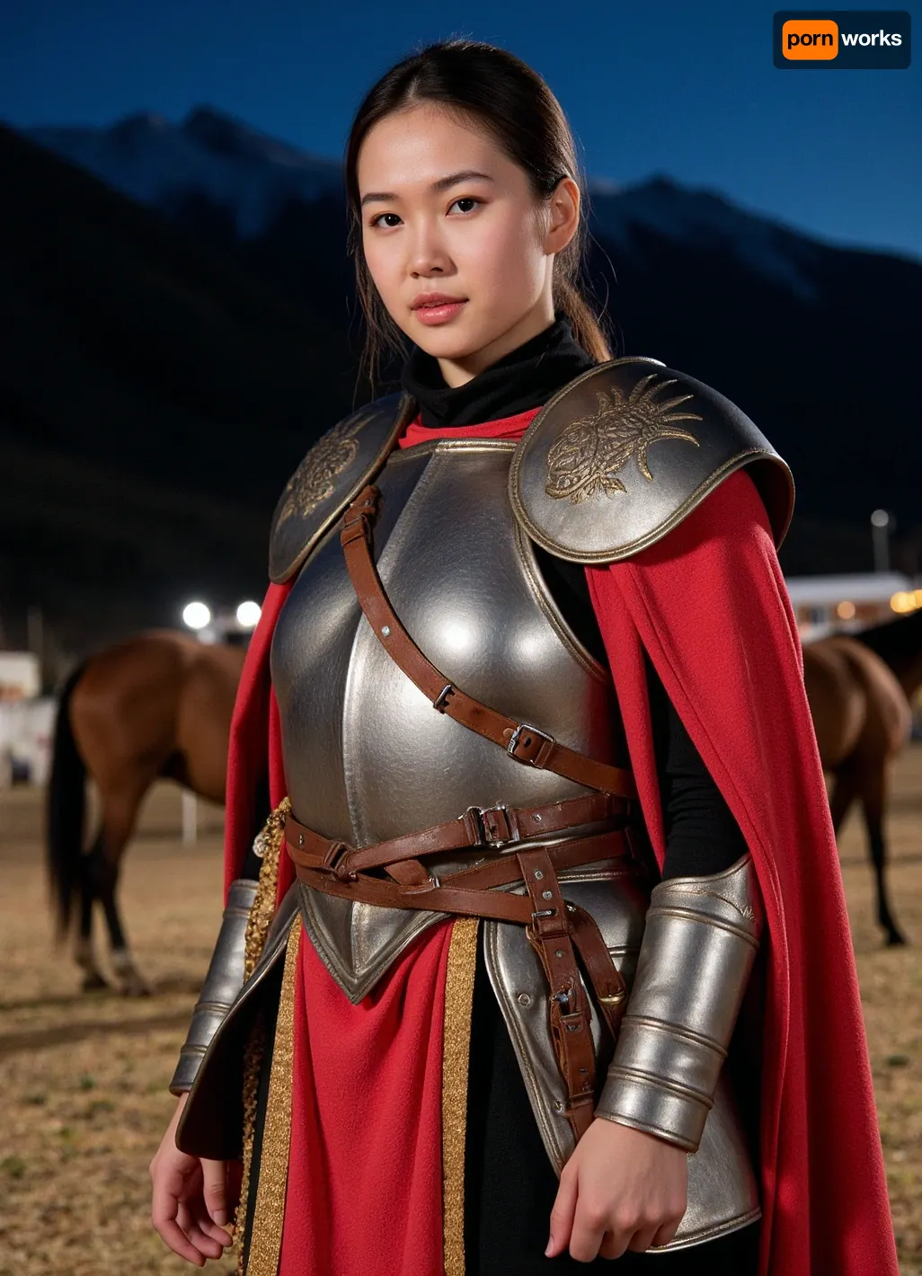 Photorealism, photorealistic, realistic, {vibrant Kyrgyz warrior in armor, close-up, against the backdrop of the night steppe, horses standing in the background}, lifelike, highly detailed, ultra-realistic, cinematic lighting, 8K БД