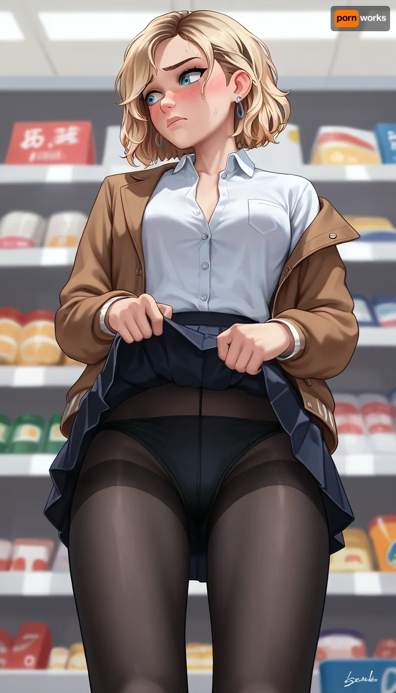 Gwen Stacy, Surrender by man, view from below, from below, 1girl, solo, collared white shirt, buttoned jacket, pleated skirt, skirt lift, lifted by self, embarrassed, look away, black pantyhose, in supermarket, <lora:skirt lift XL V2:.5>