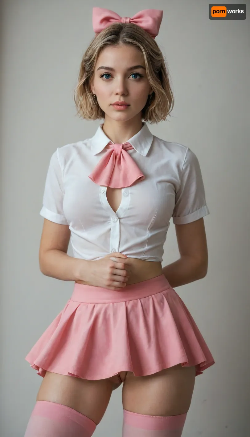masterpiece, best quality, very awa, very aesthetic, newest, thick outlines, very detailed, 1girl, solo, standing, beautiful, cute, kawaii, Elle, adult face, short blonde bob cut, big blue eyes, beautiful face, toned body, white unbuttoned shirt, tits visible, ascot, pink mini skirt, pink mini-skirt, upskirt, no underwear, pussy visible, pink thighhighs, hair bow, highly detailed, intricate, cute pose, modelshoot, abstract background, petite, perfect body, medium perky tits, sexy pose, erotic, seductive, medium perky breasts, innie pussy, cowboy shot, shadows, dynamic angle, dutch angle, dramatic lighting, cinematic lighting