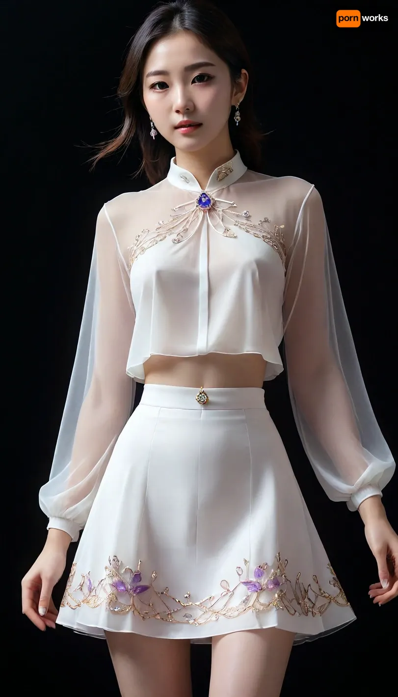 6-12yifu, manhua beauty, detailed face, a most beautiful asian women, see-through, white shirt, skirt, gem, phosphophyllite, standing, black background, nude lower body shillouette, braless, Wearing, clothes, that, make, sense, with, Braless>, <lora:6-12yifu:.7>, <lora:bralessSDXL_v1_00022:.1>