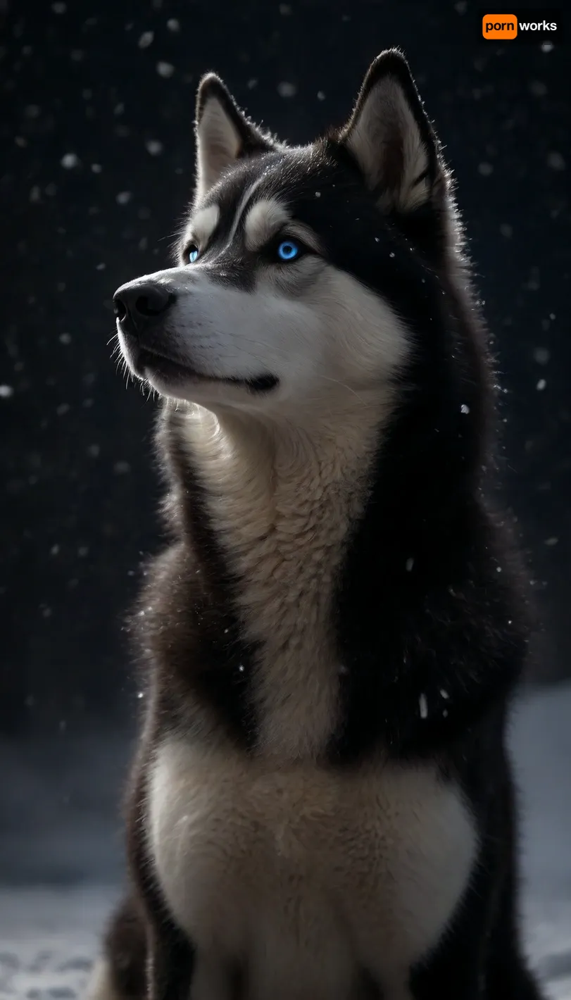 (black Husky:2), (slim furry:2), (flame fur:1.9), (blue eyes looking at me:1.3), (Starry sky:1.5), (side angle shot:1), (winter, large white snowflakes falling, snow on the head, large snowflakes, snowdrifts:2), face, taking, her, bad-picture-chill-75v, CyberRealistic_Negative, side view, badquality, low, quality, (expression pose:1.7), <lora:dark:.4>, <lora:badquality_v02:.4>