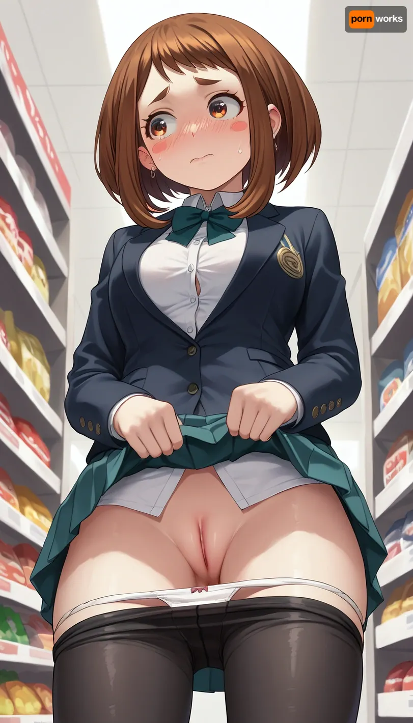 Ochako Uraraka, Surrender by man, view from below, from below, 1girl, solo, collared white shirt, buttoned jacket, pleated skirt, skirt lift, lifted by self, panties down, pantyhose down, pussy, embarrassed, look away, black pantyhose, in supermarket, <lora:skirt lift XL V2:.5>