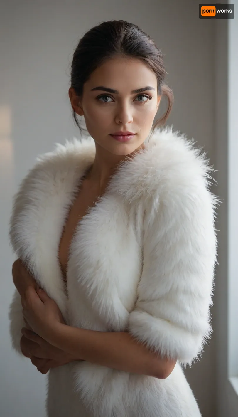 bright studio light in a white room, wealth and luxury. feathered white fur on Riana's shoulder