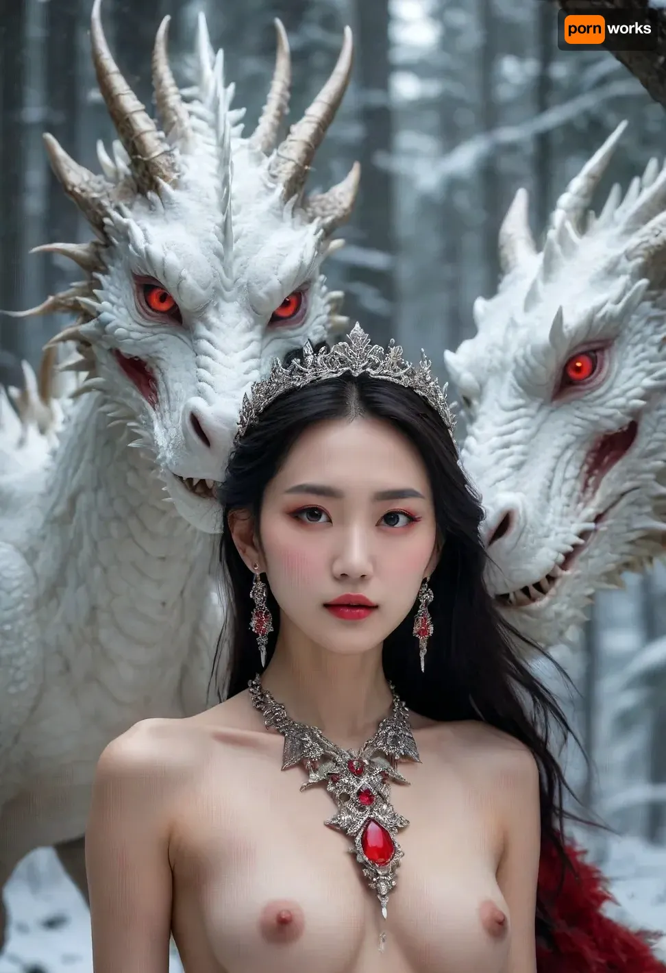 A nude Korean woman stand with a majestic dragon, fair skin, makeup, a crystalline tiara studded with red gemstones, long dangling chandelier earrings and a matching high-necked necklace, a western type massive dragon with sharp formidable horns and spines run along the crest of its head, in a snowy mystical forest, (naked:1.1), (pretty face:1.8), (perfect nose:1.6), (big eyes:1.2), slender body, long legs, <lora:Midjourney Image Enhancer XL v1:.8>