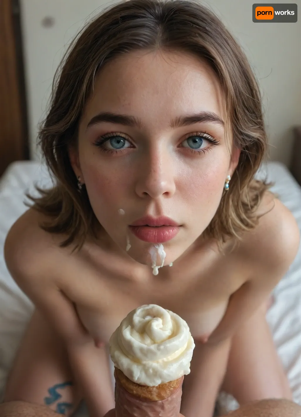 Cinematic still the viewer looks down at an exhausted girl kneeling before them while cream is poured over her breasts, (cream:1.7), first-person perspective, 4k epic detail, shot on kodak, 35mm photo, sharp focus, high budget, moody, score_9, score_8_up, score_7_up, rating, explicit, POV, kneeling, submissive, huge_eyes, saliva