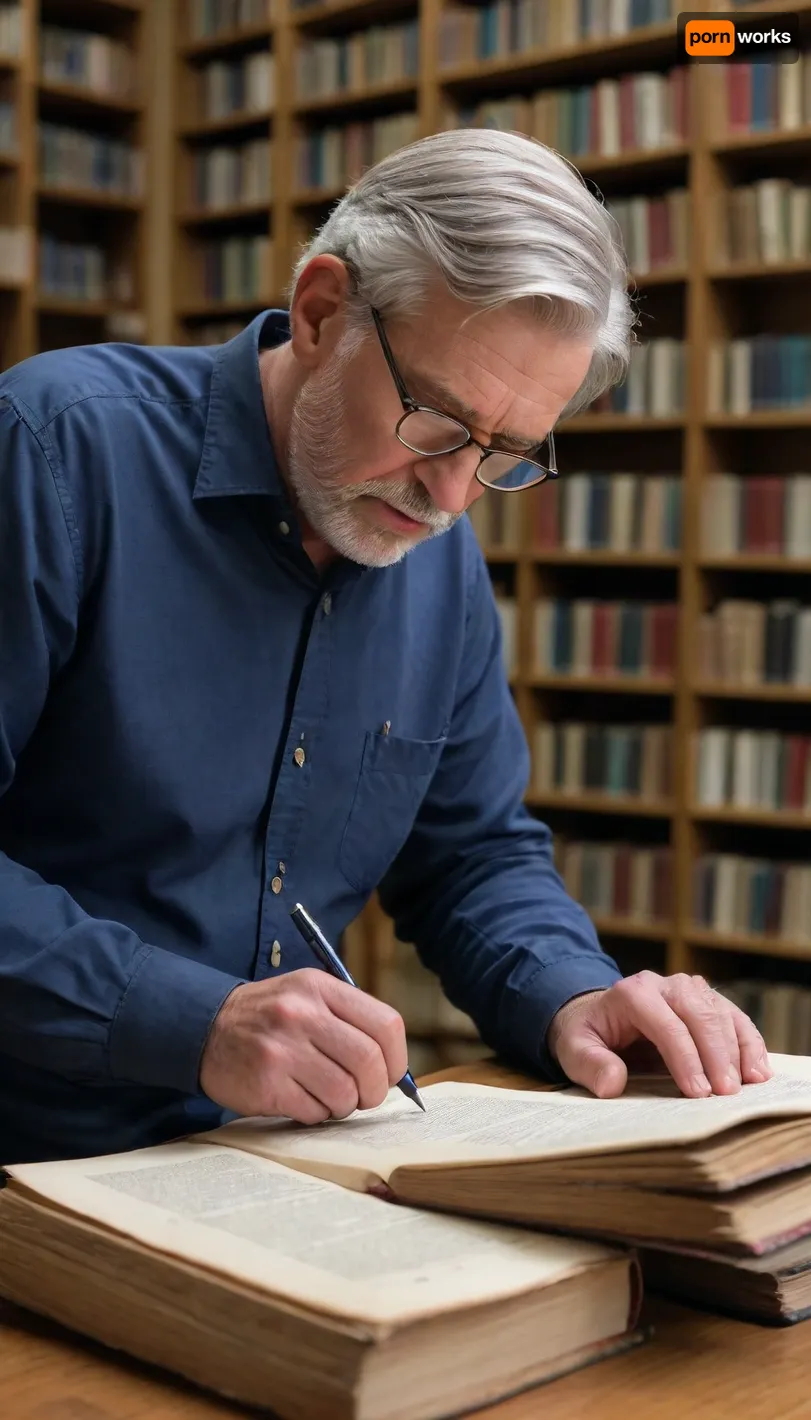 An archivist compiles data for a catalog in a public library. A middle-aged Caucasian man with gray hair, glasses, and a dark blue shirt examines old books. With a pen in hand, he meticulously reviews open books, some neatly stacked, others spread out on a table. He reads attentively, absorbed in his reading. In the background, shelves overflowing with countless books are visible. The warm, natural lighting enhances the scene and casts soft shadows. The composition is a medium shot, with the man slightly turned to the left, encompassing his upper body and the books he is handling. The image conveys the academic atmosphere of a research archivist deep in his work. The precise focus on the man and the books cgreates a sense of quiet concentration., (Better details, better quality, perfect hand and facial anatomy, better contrast, realistic textures, sharp eyes, sharp bodies)