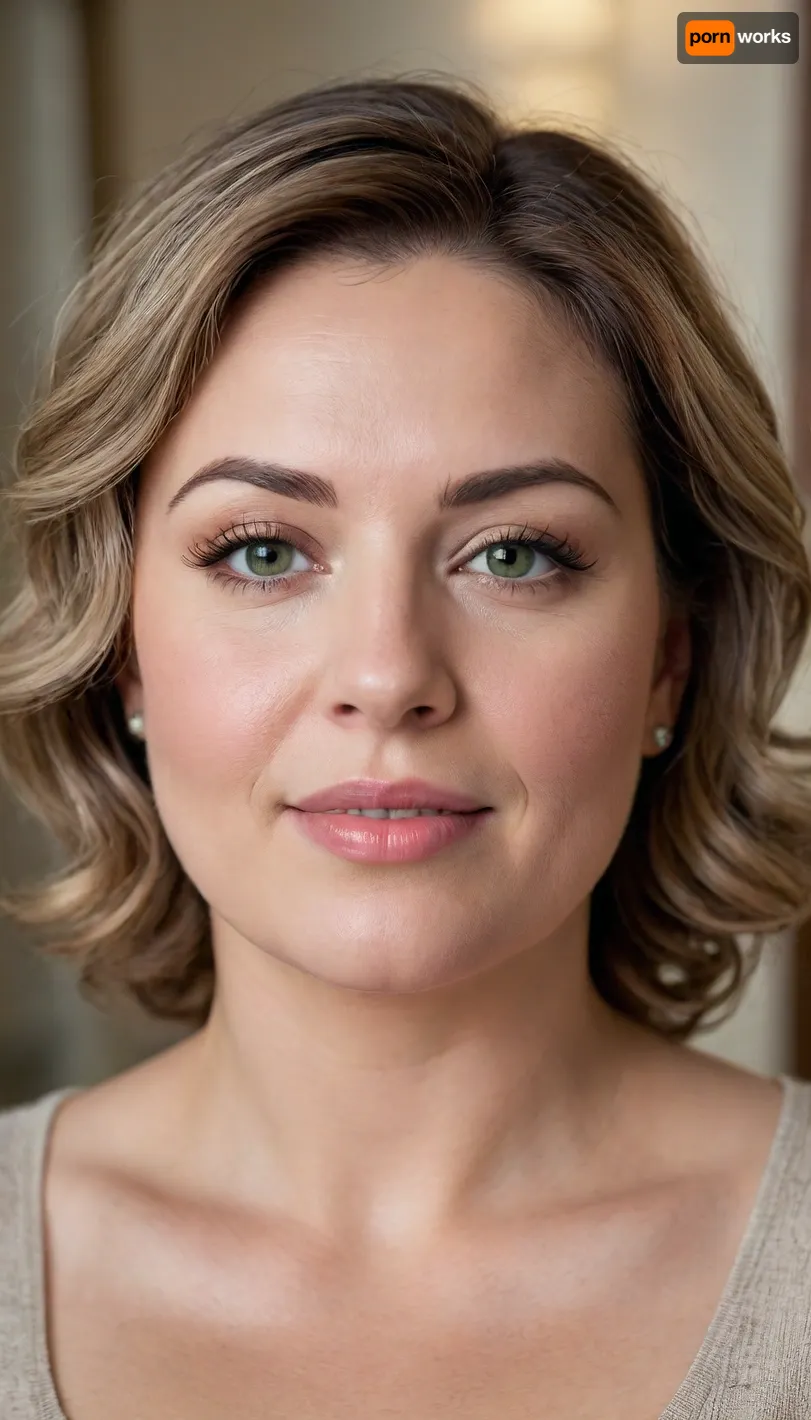 Lubica Stepaunt, a 55-year-old mature Eastern European woman with a full-figured BBW face. Her cheeks are plush and rounded, her jawline soft and subtly tapered. She has almond-shaped pale green eyes with flecks of hazel, framed by thick, expressive eyebrows. Her lips are full and rose-tinted, with a gentle cupid’s bow. She wears a opened-mouth smile that lifts the corners of her mouth slightly, conveying warmth, quiet confidence, and subtle flirtation. Her expression is calm and introspective, with a hint of amusement. Her skin is light with neutral undertones, showing fine lines around her eyes and mouth, and soft creases near her chin. Her hair is chestnut brown with elegant silver streaks, styled in medium-length soft waves that fall naturally around her face. Photorealistic, realistic skin texture, emotionally rich, ultra-detailed, Canon EOS 5D Mark IV, aperture f/8, ISO 100, natural lighting, depth of field, bokeh.