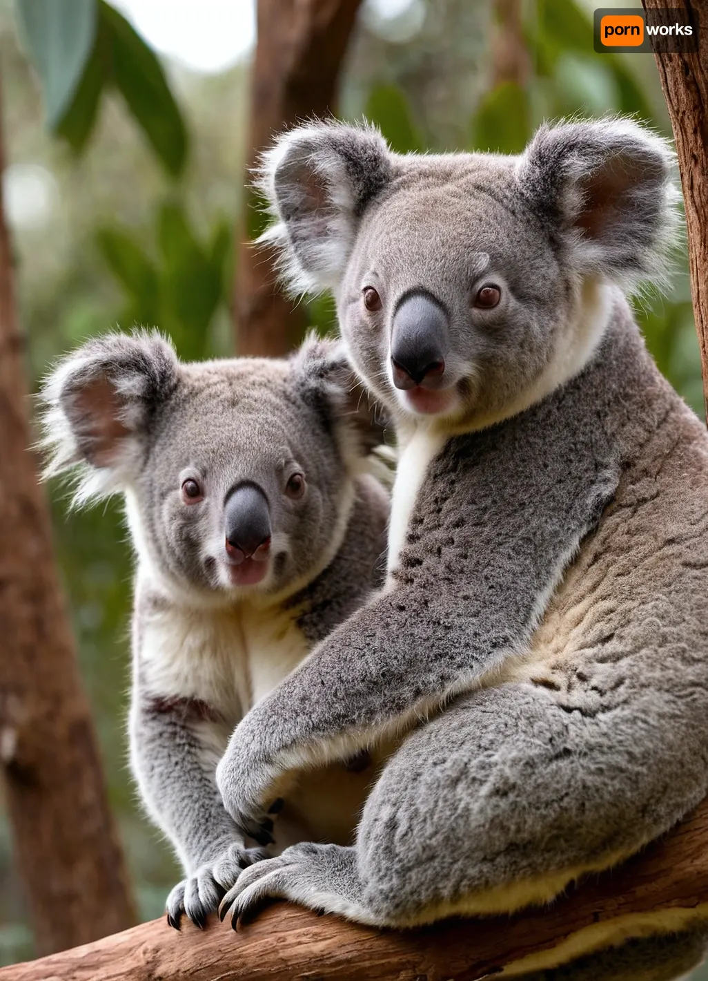 (photorealistic:1.2), image of a, (mother koala:1.1), with her, (small koala:1.2), on her back, (clinging to a tree branch:1.1), . The koalas have soft, thick grey fur and white chests. The small koala's face is visible over its mother's shoulder, both looking directly at the viewer with, (wide, curious eyes:1.1), and, (pink noses:1), . The lighting is soft and natural, highlighting the texture of their fur. The background is a soft, (out-of-focus bokeh blur), of green and brown tones, suggesting a natural habitat., (detailed fur:1.3), high detail, sharp focus, vibrant realistic colors, (professional photography:1.1), wildlife photography, soft natural lighting, volumetric lighting, depth of field