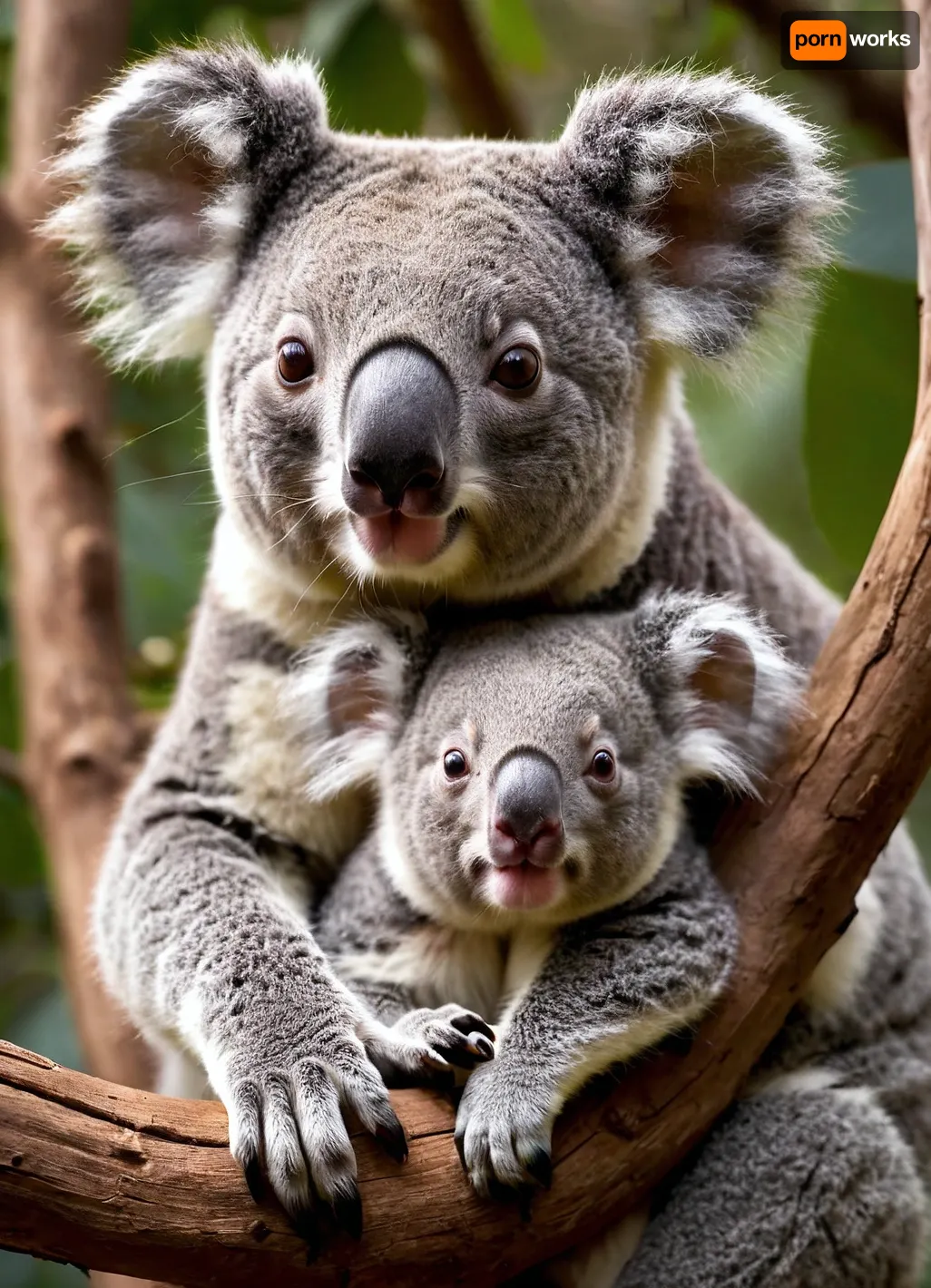 (photorealistic:1.2), image of a, (mother koala:1.1), with her, (small koala:1.2), on her back, (clinging to a tree branch:1.1), . The koalas have soft, thick grey fur and white chests. The small koala's face is visible over its mother's shoulder, both looking directly at the viewer with, (wide, curious eyes:1.1), and, (pink noses:1), . The lighting is soft and natural, highlighting the texture of their fur. The background is a soft, (out-of-focus bokeh blur), of green and brown tones, suggesting a natural habitat., (detailed fur:1.3), high detail, sharp focus, vibrant realistic colors, (professional photography:1.1), wildlife photography, soft natural lighting, volumetric lighting, depth of field