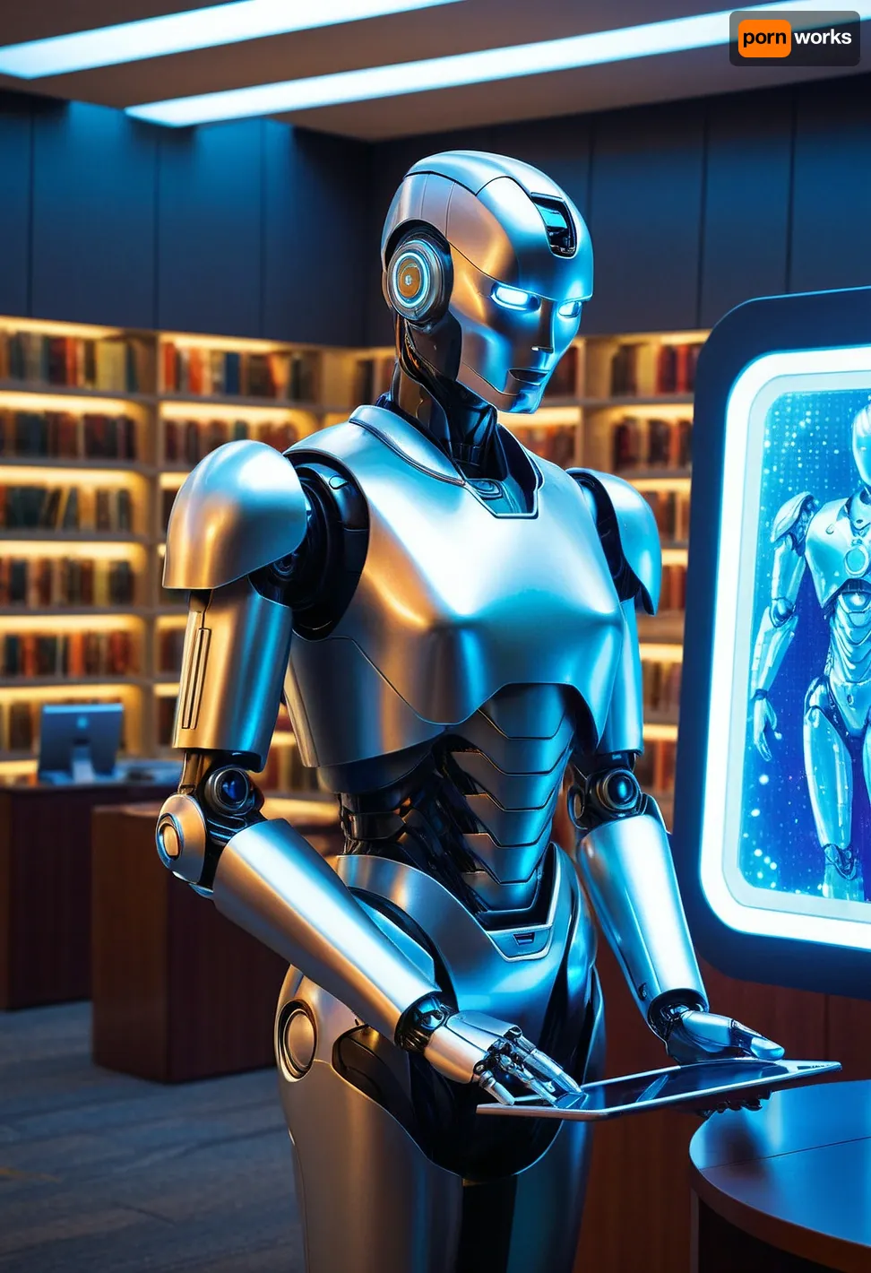 Modern colored pencil sketch {22nd century municipal library, silver humanoid android robot standing in front of info-crystal cells, holding a futuristic tablet in his hands. SCI-FI, fantasy, interior of a futuristic library, neon lighting, Michael Whelan style}. colored, contrast, tone, texture, details, stylish, elegant