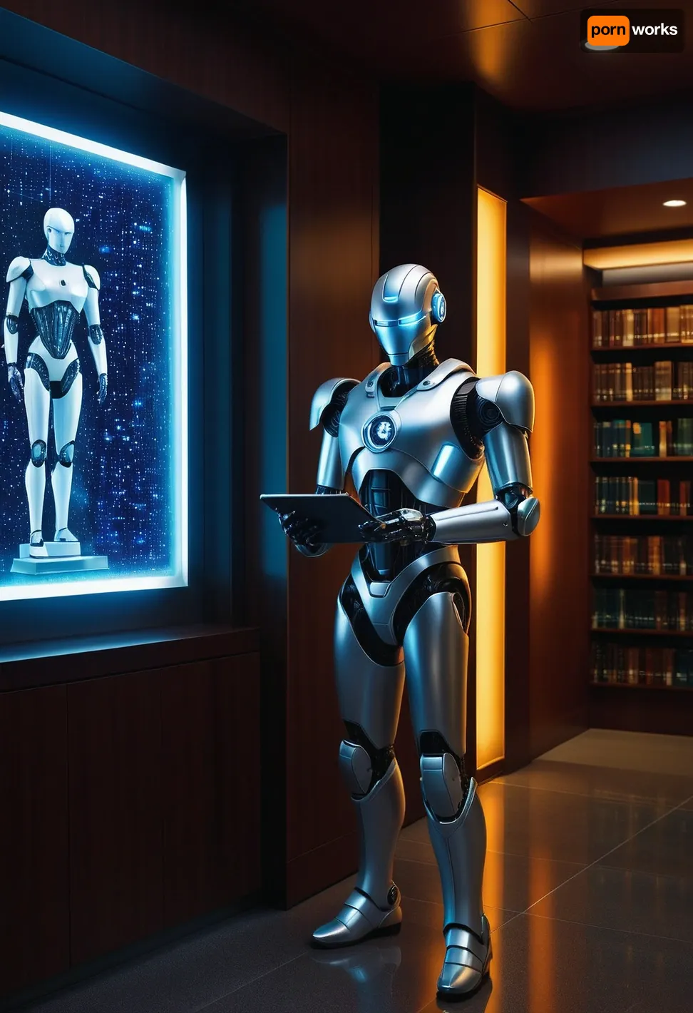 Modern colored pencil sketch {22nd century municipal library, silver humanoid android robot standing in front of info-crystal cells, holding a futuristic tablet in his hands. SCI-FI, fantasy, interior of a futuristic library, neon lighting, Michael Whelan style}. colored, contrast, tone, texture, details, stylish, elegant