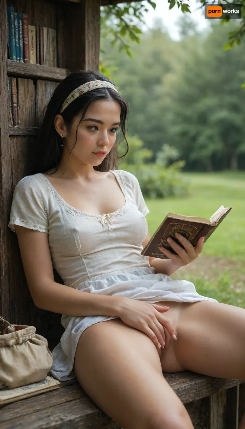 24 year old asian woman sitting, (outside), (strairs), wearing dress draped over legs, view between thighs, no panties., Her pussy is shaved., (looking away), There is a book bag on the steps next to her., upskirt, vagina, (perfect vagina:1.2), nice pussy, one nipple visible, nipslip, (reading a book), looking at book, fingering pussy, view from a distance, headband, long straight black hair, <lora:Midjourney Image Enhancer XL v1:.9>