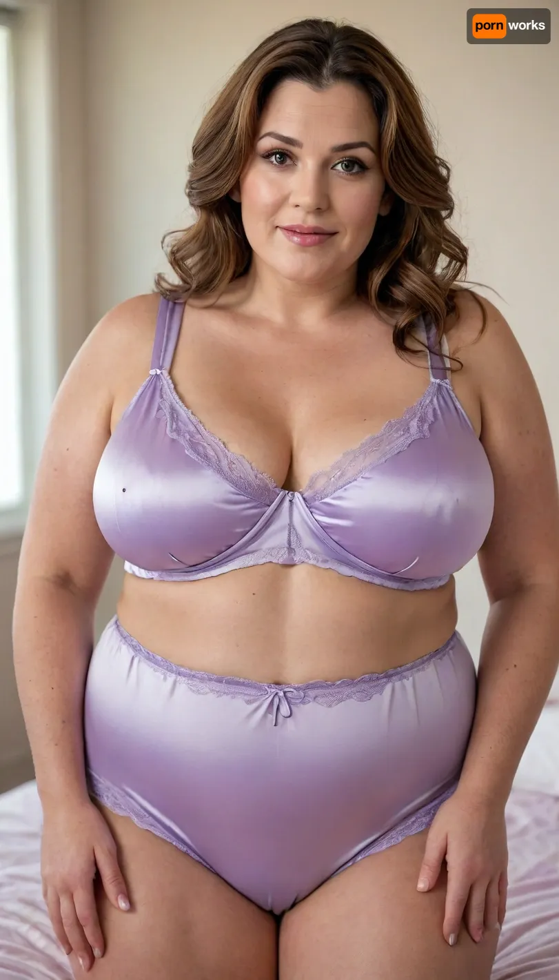 Lubica Stepaunt, a obese 55-year-old mature Eastern European woman with a full-figured BBW body and soft facial features. She stands in a softly lit bedroom wearing a light lavender satin lingerie set. The top is a sleeveless with a tailored fit and subtle sheen, paired with matching form fitting tailored satin shorts. Her chestnut brown hair with silver streaks is styled in soft waves, and she wears a gentle open-mouth smile. Her captivating eyes gaze seductively at the camera, framed by thick expressive eyebrows. The lighting is a mix of warm lamplight and diffused daylight from a nearby window, highlighting the soft textures of her skin and fabric. The background includes a white door, a wall-mounted dildo, and neutral-toned walls. Photorealistic, realistic skin texture, ultra-detailed, Canon EOS 5D Mark IV, aperture f/8, ISO 100, natural lighting, depth of field, bokeh., bottomheavy, big, ass, huge, gigantic, thick, thighs, massive, <lora:bottomheavy_v1_sdxl_tags:.8>