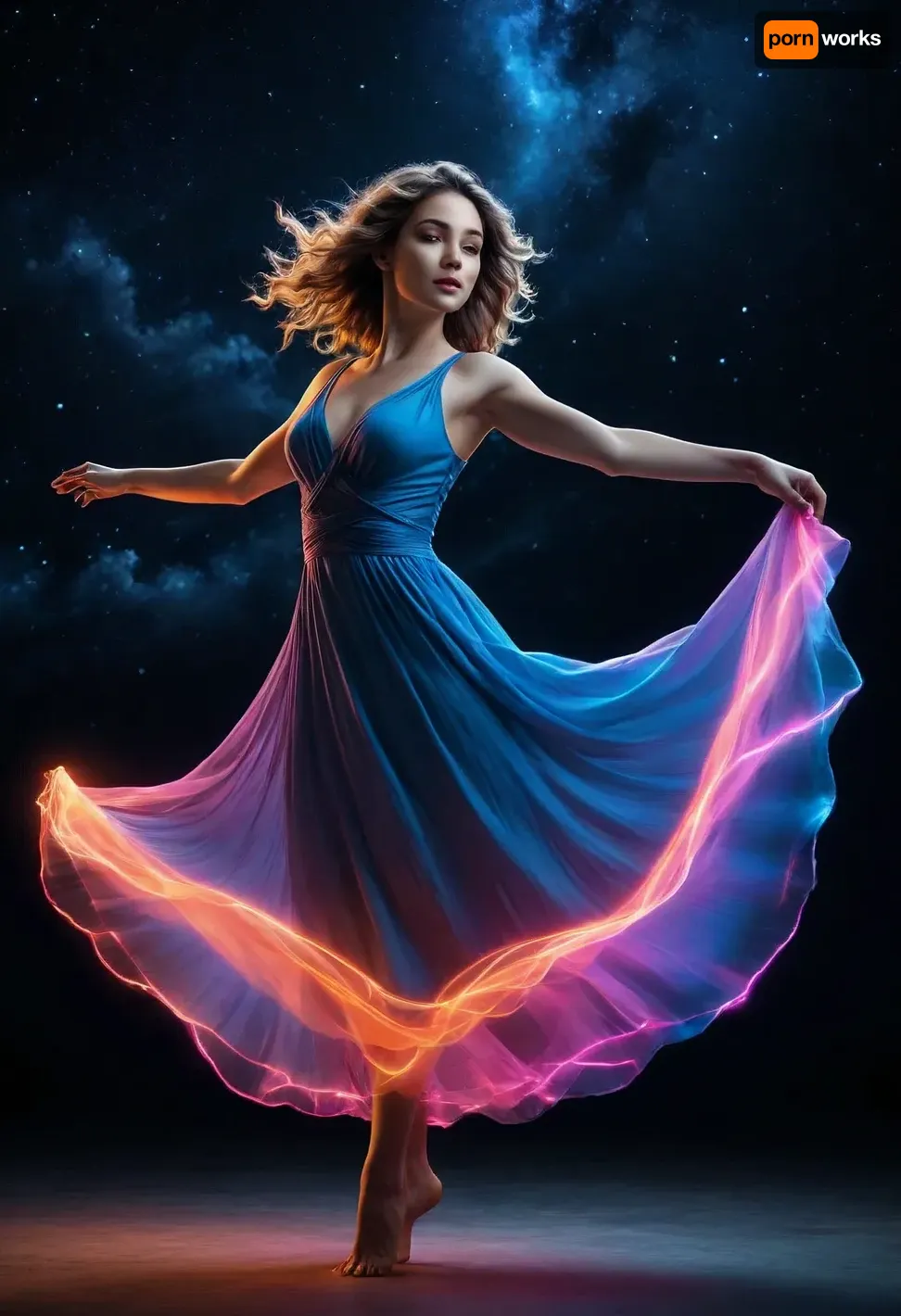 Fantasy art. illustration of a woman in a dance pose. She is in mid-air, with her arms stretched out to the sides. She is wearing a long, flowing dress with a low neckline. Her hair is styled in loose waves. The background is a dark blue night sky with stars twinkling in the distance. The image is made up of a series of lines that create a neon-like effect, giving it a futuristic and ethereal feel. The lines are bright and vibrant, creating a sense of movement and energy. energetic and dynamic mood. END, /#©KlTTY-ART/