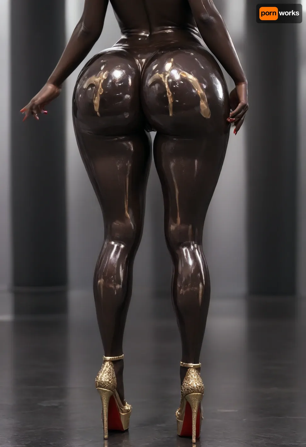 (clear image), photorealistic, high res, (black skin:3), full body in frame, perfect illumination, (manicure, long red nails), (extremely detailed, ultra realistic), best quality, focus on arms legs face, ultra-detailed, finely detail, (((massive HHH cup Breasts))), super shiny tits, erect nipples, long nipples, large areolas, long hair, perfect ass, shapely legs, long legs, legs are oiled, ass is oiled, boobs are oiled, belly is oiled, face is oiled, The girl has big plump lips on her face that shine and reflect the light, ((makeup:1.5), long blue eyelashes, olive eye shadow with sequins), (high-quality facial treatment:1.3), large plump lips bimbo in red lipstick with a glossy wide pink outline and a slightly open mouth, (hairstyle with five pigtails straight bangs of blue with sequins:1.2), pupil eyes like a snake, (milky mucus is flowing from the pussy:1.2), Aesthetic, Nail, <lora:1487106_training_data:.8>