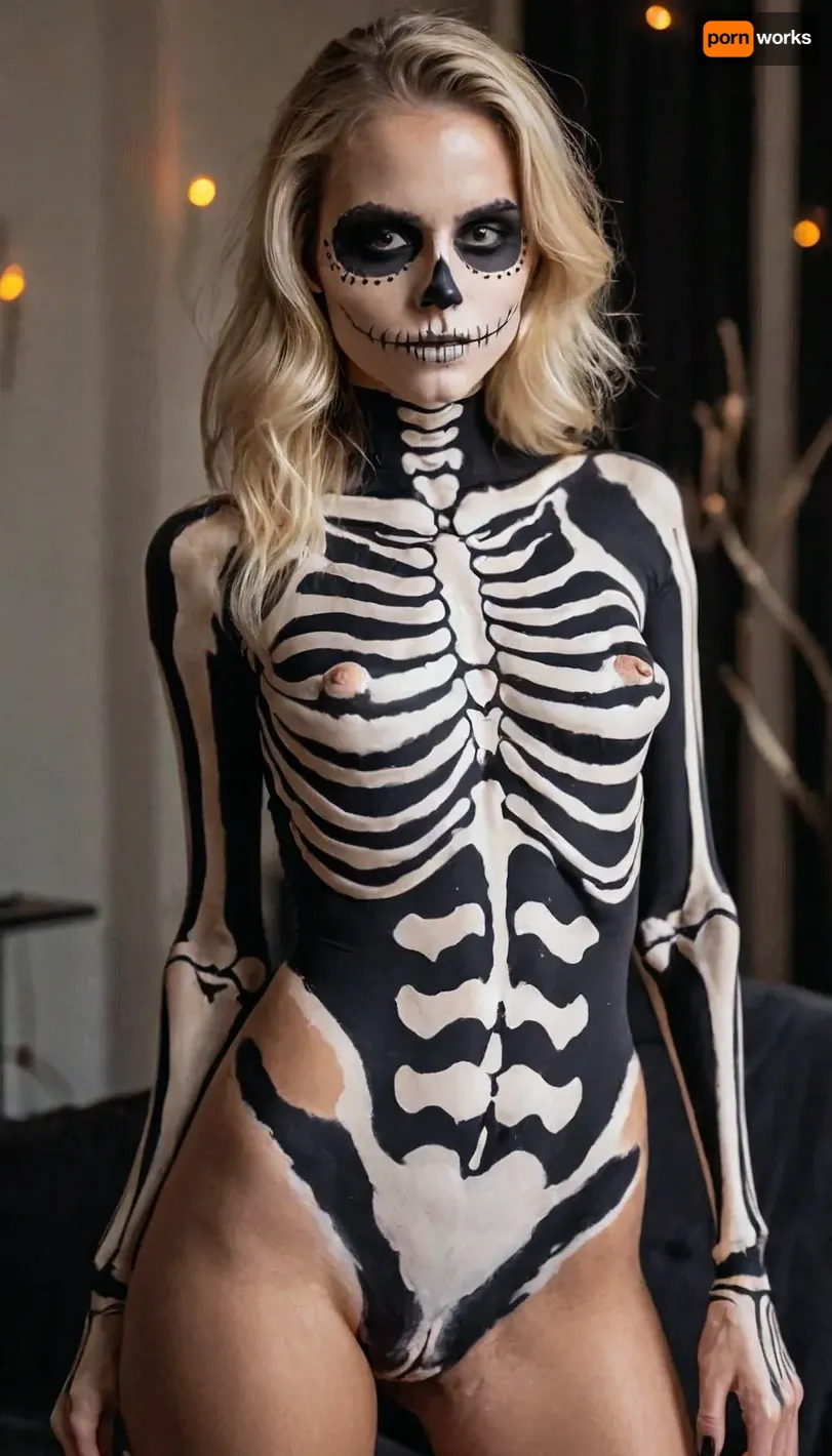 Sexy skeleton costume, gorgeous 20yo blonde instagram model with athletic build and perky boobs naked with black and white skeleton style bodypaint at a Halloween party, full body view, hairy pussy, no face paint