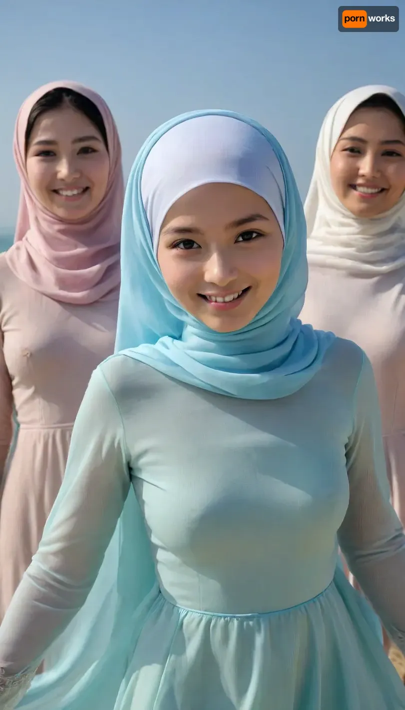 ultra high detailed photo, HD, 3girls, nude petite asian jilbab girls posing, extremely detailed face, happy face, innocent smile, seethrough body shillouette, thin fabric long dress, (undercap covering hair), (faded nipples poking), no_underwear, strong backlight, strong front shadow, dynamic pose, low angle, beach, clear blue sky, detailxl, <lora:CinematicStyle_v1:.8>