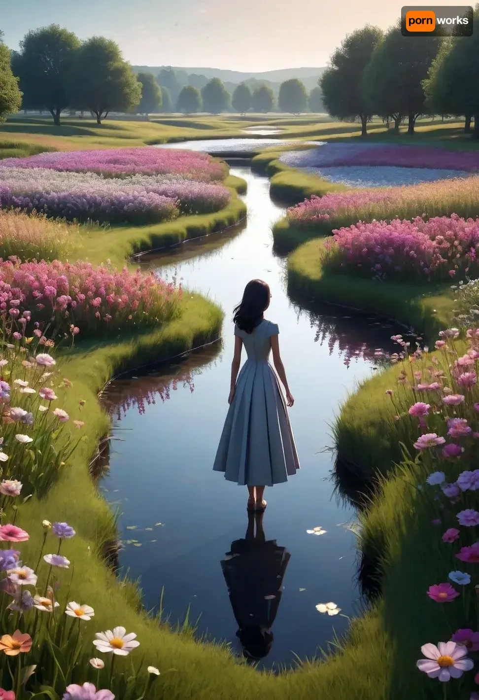 geometric, luminous shadow landscape, female cartoon figure, open field, pond, flowers, dynamic, paper background, fairytale-like. /©KlTTY-ART/