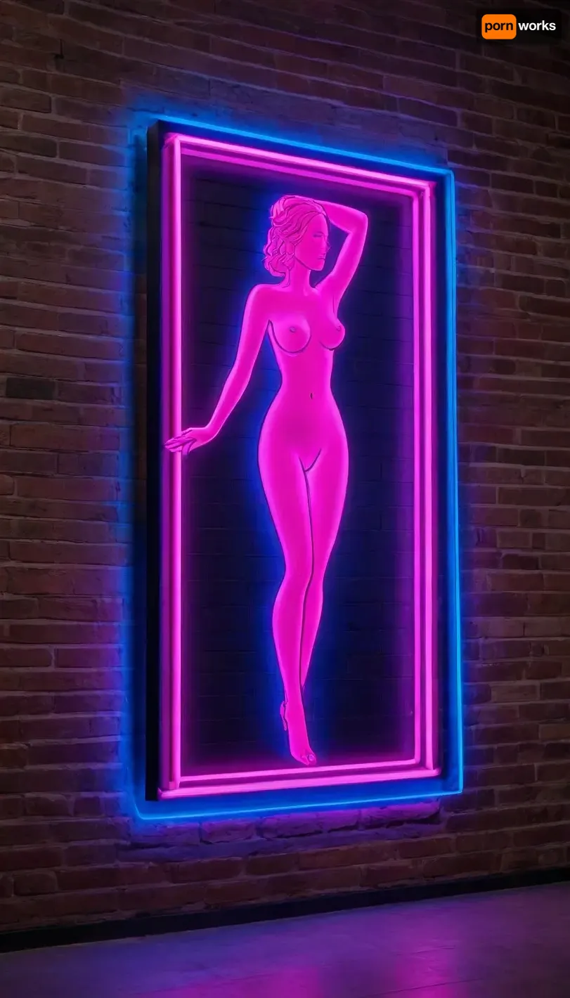 A neon sign featuring the outline of a full woman in bold pink lines. The sign is shaped like a rectangular frame with a blue border. The background is a dark brick wall. A modern and striking design. /#©KlTTY-ART/