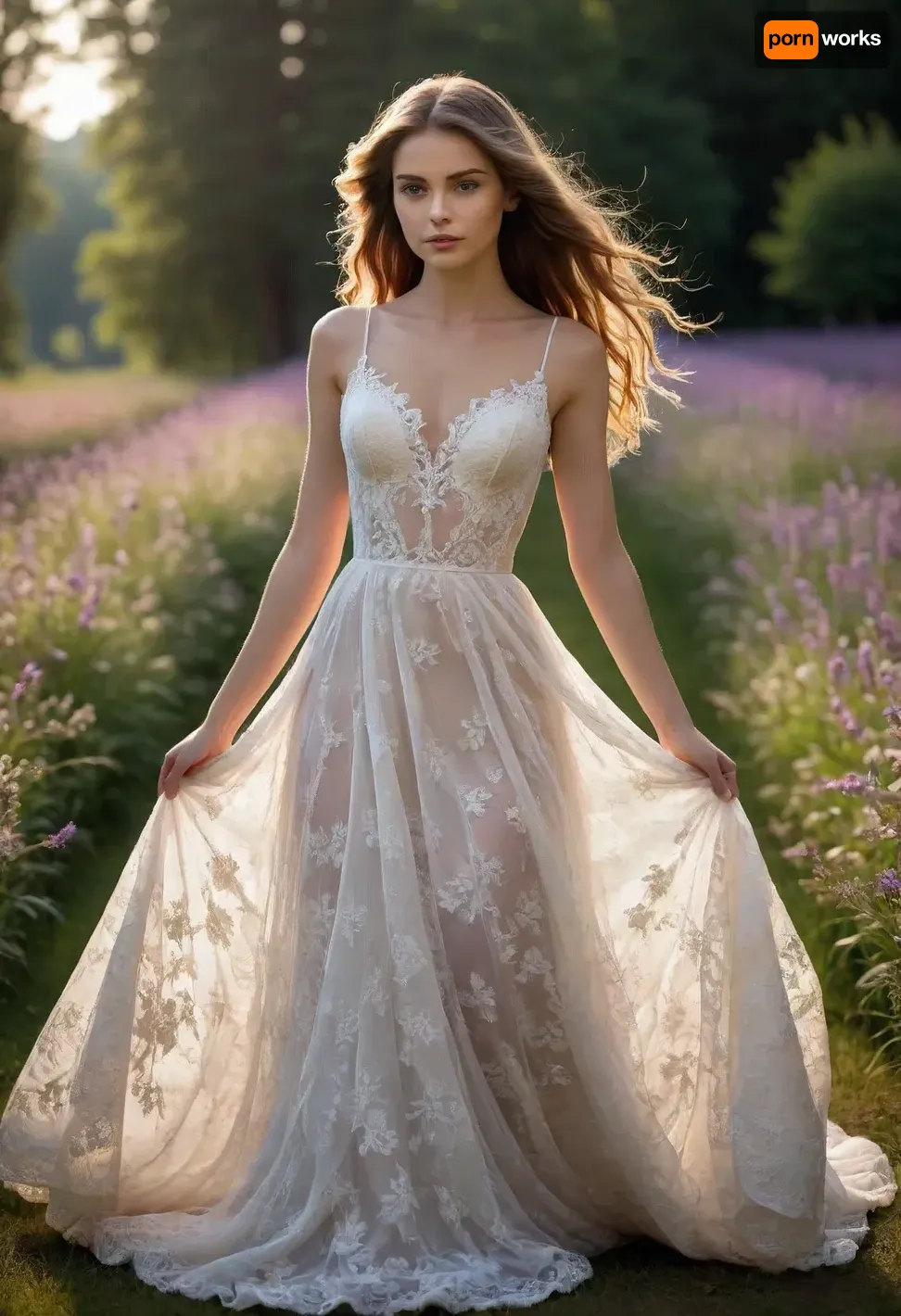 artistic, portrait, flowerfield, a stunning supermodel, a beautifully detailed face with captivating eyes and a serene expression, natural beauty, flawless skin, delicate features, blends modern and traditional elements, elegant lines, vibrant colors, exquisite details, her hair is styled in an intricate and unique fashion, ethereal and timeless aura, the lighting enhances her features, creating a soft interplay of light and shadow, clarity, she is wearing a transperent lace wedding dress, stretching pose, floating hair, breathtakingly, radiant, magnificent, engaging with space, interplay of light and shadow, beautiful colors, vibrant colorings, high dynamic, amazing depth, slow shutter speed, elaborate and elegant elements, timeless fine art. END, /#©KlTTY-ART/