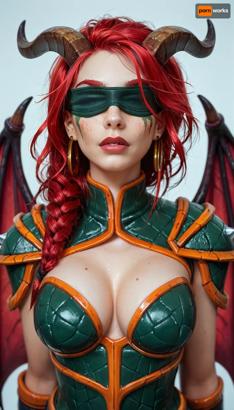 ((((demon hunter from warcraft red hair)))), demon hunter outfit from warcraft, demon hunter skin from warcraft, blindfold, demon hunter wings from warcraft, 3/4 body view