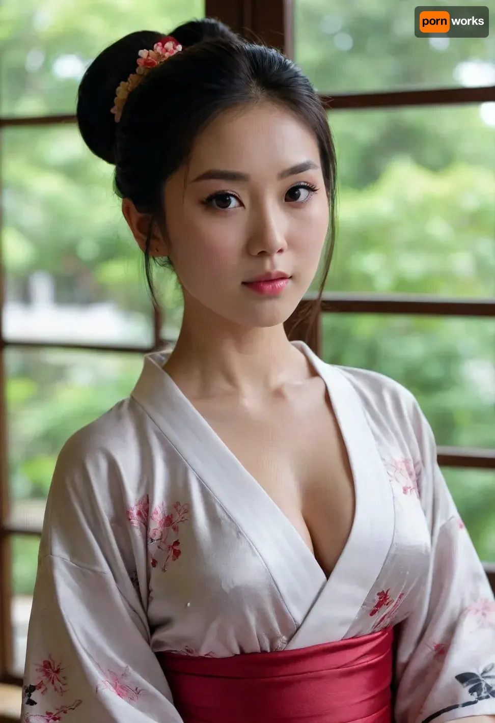 young beautiful slender Japanese girl 25 years old with medium breasts, wearing a kimono, top open, breasts exposed, bare breasts, exposed breasts, (naked breasts), standing, detailed breasts, looking at the viewer, silky black hair in a bun with chopsticks in the bun, full body shot. demure, tack sharp, 4k, dslr