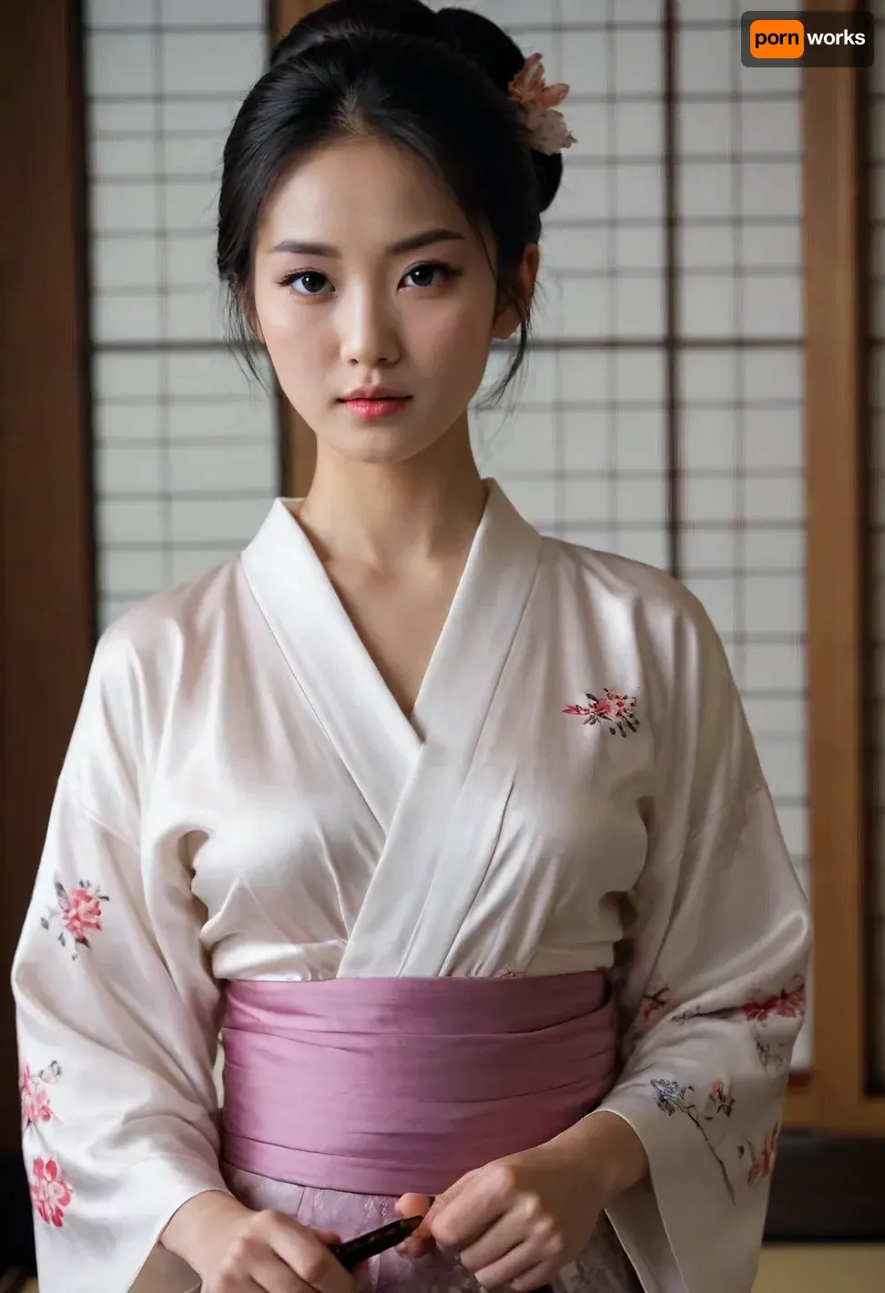 young beautiful slender Japanese girl 25 years old with medium breasts, wearing a kimono, top open, breasts exposed, bare breasts, standing, detailed breasts, looking at the viewer, silky black hair in a bun with chopsticks in the bun, demure, tack sharp, 4k, dslr