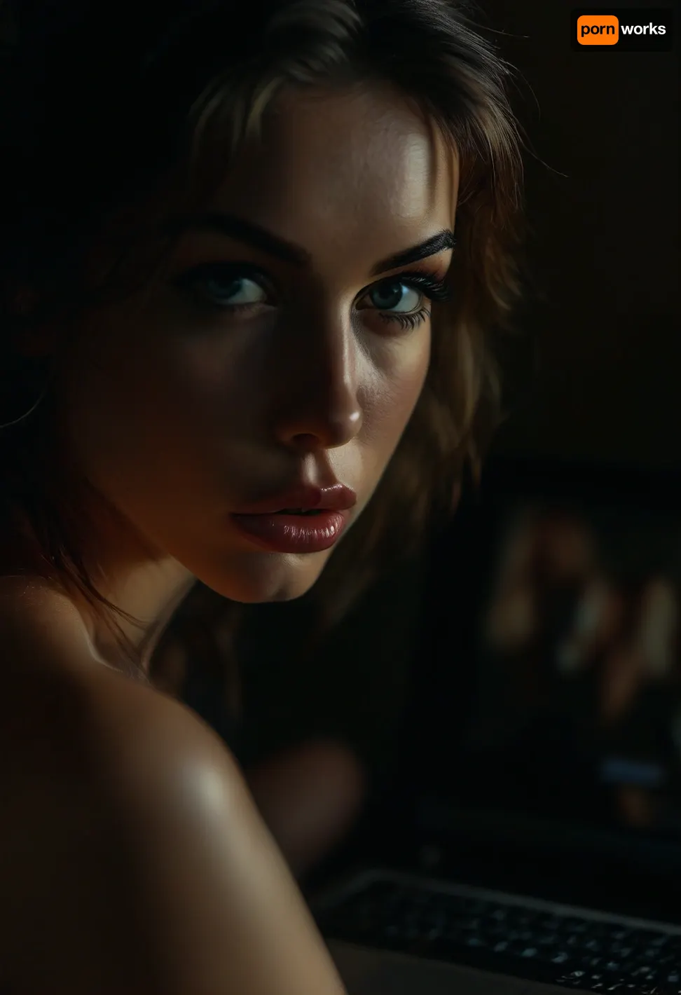 POV over shoulder to a nude woman, watching a, (perfect sex scene rendering of a pornographic film on the laptop display:1.7), <lora:MJ52:2>, <lora:BUT_SDXL_SHS:2>, <lora:style_lora_realis:2>, <lora:attractive_notrigger:2>, <lora:dark:.1>