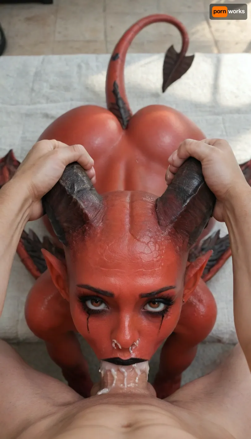 full body view, (focus on girl giving a blowjob, deep throat:1.6), (((pov hands, huge horns grab))), looking at the viewer, naked, (pointy ears, bald head), (red skin, huge wide webbed wings, ((skinny ass, scaly tail)), huge red eyes, (black smokey eye makeup is running:1.2), (black lipstick:1.5)), (oiled body:1.6), (cum spills from her mouth and nose:1.5), black lipstick mark on cock, Flame around background, five fingers, great angle of view, photo from below, (ultra-detailed skin, best quality, photorealistic, highres, ultra-detailed, HDR, bright sunlight), pov_deepthrt, deepthroating, a, man's, penis, blsdp, <lora:concept_pov_dt_xl2-000020:1.2>