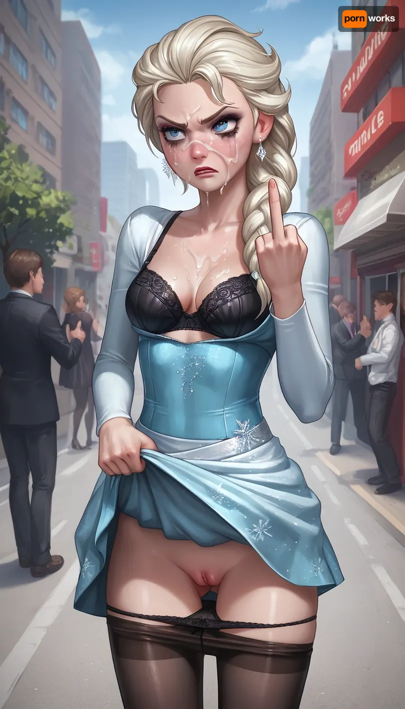 Standing, runny mascara, cum on face, elsa, tight mini dress, dress down, dress lift, panties down, pantyhose down, pussy, black bra, black pantyhose, outdoor, city ​​square, angry, look away, middle finger