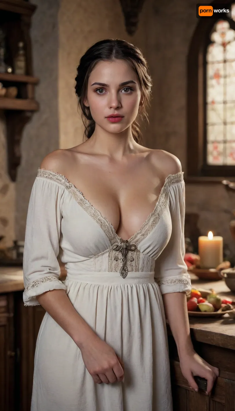 (masterpiece), (highest quality), (detailed eyes), (photorealistic), (realistic), 1 girl, 19 yo sexy Romanian woman, medium shot, standing in a middle age kitchen, looking at the viewer, black hair, braided hair, half-naked, (thin, simple white peasant nightshirt:1.1), (bare shoulders:1.2), (large heavy breasts almost exposed:1.3), after the vampire bite on her left breast, ancient Dracula castle, medieval setting, stone walls, (rich wooden coffin next to her:1), ((tapestry depicting a knight hanging behind her)), dark fantasy art, subtle contour lighting, soft light, volumetric lighting, natural light, warm tones, earthy colors, mood, subtle shadows, highly detailed skin, sharp focus, cinematic, 8k, (memorable eyes)