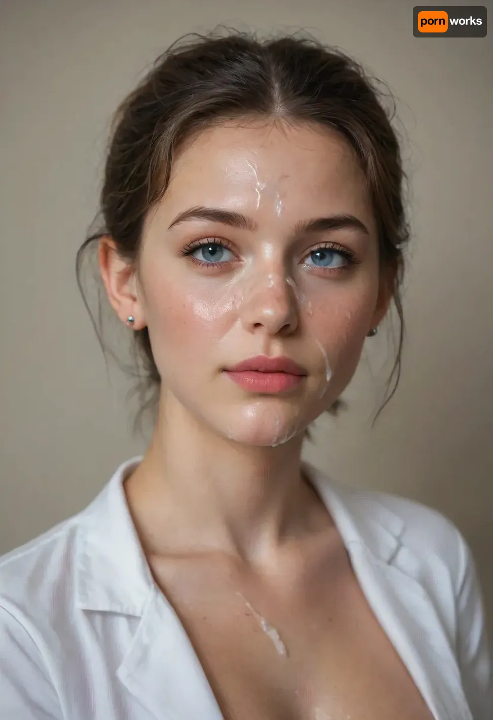 Nordic girl, smart, small firm tits, erect nipples, nerdy girl, facialized, facial, cum facial, cum, cum covered face, cum on face, face full of cum, tits showing, horny, horny face, horny look, female doctor, doctors coat, small tight ass, ass in air, oiled ass, bubble butt, beautiful ass, perfect ass. Full body in frame!