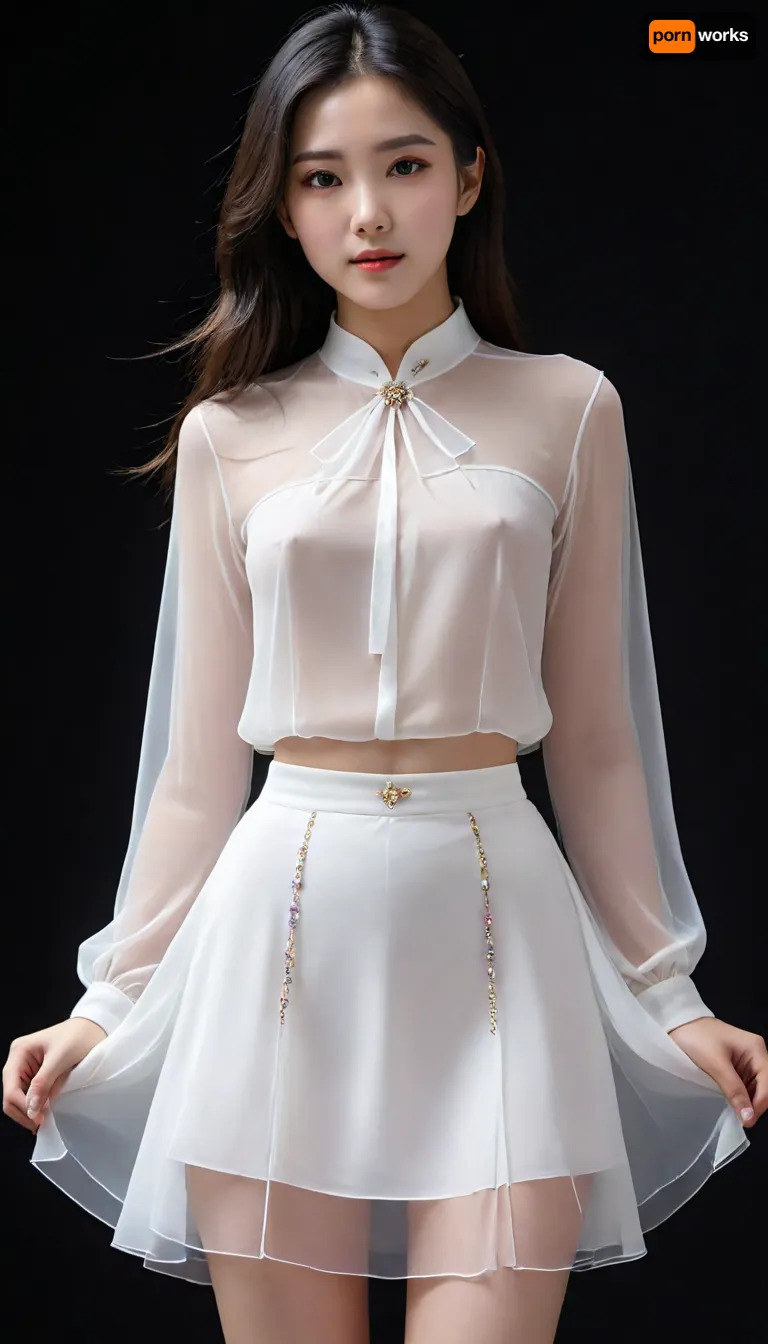 6-12yifu, manhua beauty, detailed face, a most beautiful asian women, long black silky hair, innocent looks, gentle, see-through, white shirt, skirt, gem, phosphophyllite, standing, black background, nude lower body shillouette, braless, Wearing, clothes, that, make, sense, with, Braless>, <lora:6-12yifu:.7>, <lora:bralessSDXL_v1_00022:.4>