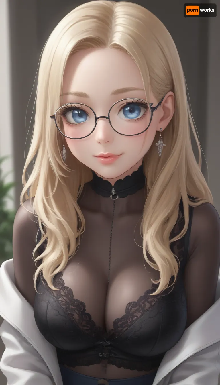 influenecer, 19 years old, (long eyelashes:1.7), blond hair, long hair, light blue eyes, black choker, (tight cute white lace top:1.3), big cleavage, strong blush, (big glasses:1.3), (transparent glasses), big tits, zoom on face and tits, smiling