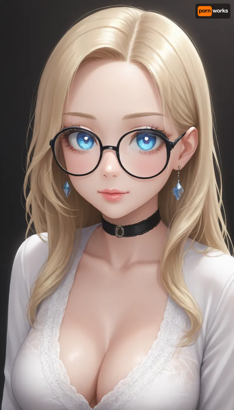 influenecer, 19 years old, (long eyelashes:1.7), blond hair, long hair, light blue eyes, black choker, (tight cute white lace top:1.3), big cleavage, strong blush, (big glasses:1.3), (transparent glasses), big tits, zoom on face and tits, smiling, sparkling eyes, glowing eyes, <lora:Jeweled eyes-NAI:1.4>