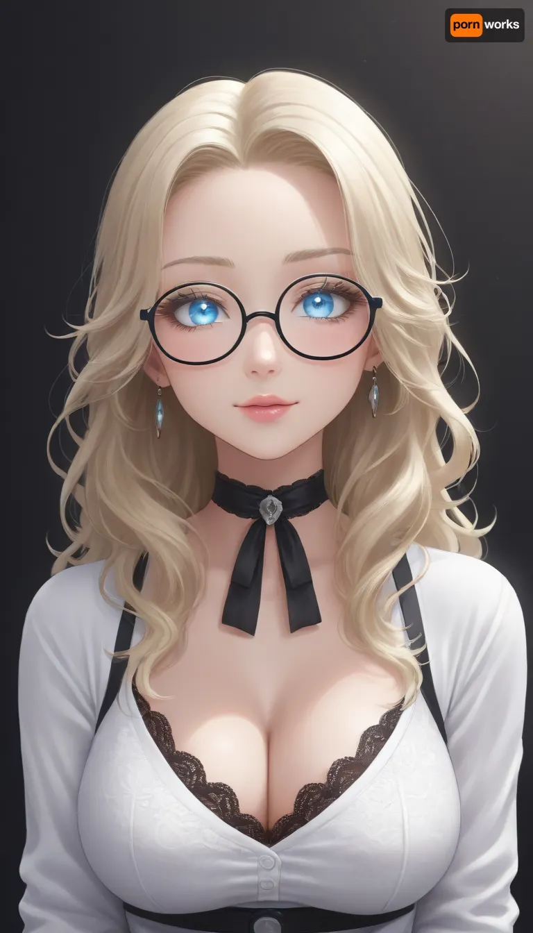 influenecer, 19 years old, (long eyelashes:1.7), blond hair, long hair, light blue eyes, black choker, (tight cute white lace top:1.3), big cleavage, strong blush, (big glasses:1.3), (transparent glasses), big tits, zoom on face and tits, smiling, sparkling eyes, glowing eyes, <lora:Jeweled eyes-NAI:1.4>