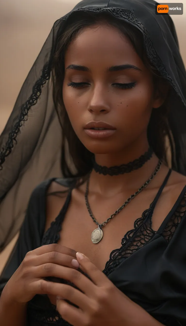 AI, make an effort with your hands and five fingers, ((full body front view from very low angle:1.5)), upskirt, masterpiece, very deeply tanned very beautiful slim 18 year old nomad nubian girl dressed in black hunting suite in desert, (full moon, fog misty), with closed eyes, ((wearing tight delicate black lace traditional dress)), ((black gaze veil covering the head and eyes)), black sundress reveals partially her shaved pussy beneath hem, detailed tight clitoris, necklace, closed eyes, perfect medium-size breasts, black extra long dreds, ((glossy very deep seamless suntanned skin:1.5)), narrow waist, closed eyes with excited expression, full body, vagina, out, rear, shot, front, clothes, Braless, braless, Wearing, that, make, sense, with, Braless>, NEGATIVE_HANDS, <lora:upskirt:.5>, <lora:style_lora_realis:1>, <lora:bralessSDXL_v1_00022:.5>, <lora:Midjourney Image Enhancer XL v1:1>