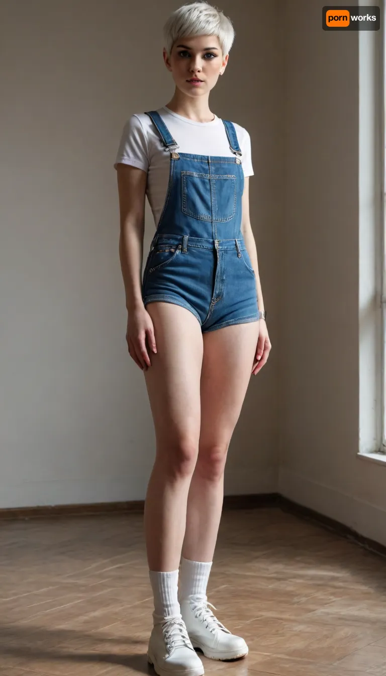 in full height, standing with her legs apart, a girl with a snow-white pixie haircut, moist skin, beautiful legs and hips, shadows, seductively, low-cut T-shirts, triple push-up, graceful legs, overalls, work boots and white socks, strict appearance, strict, frowned