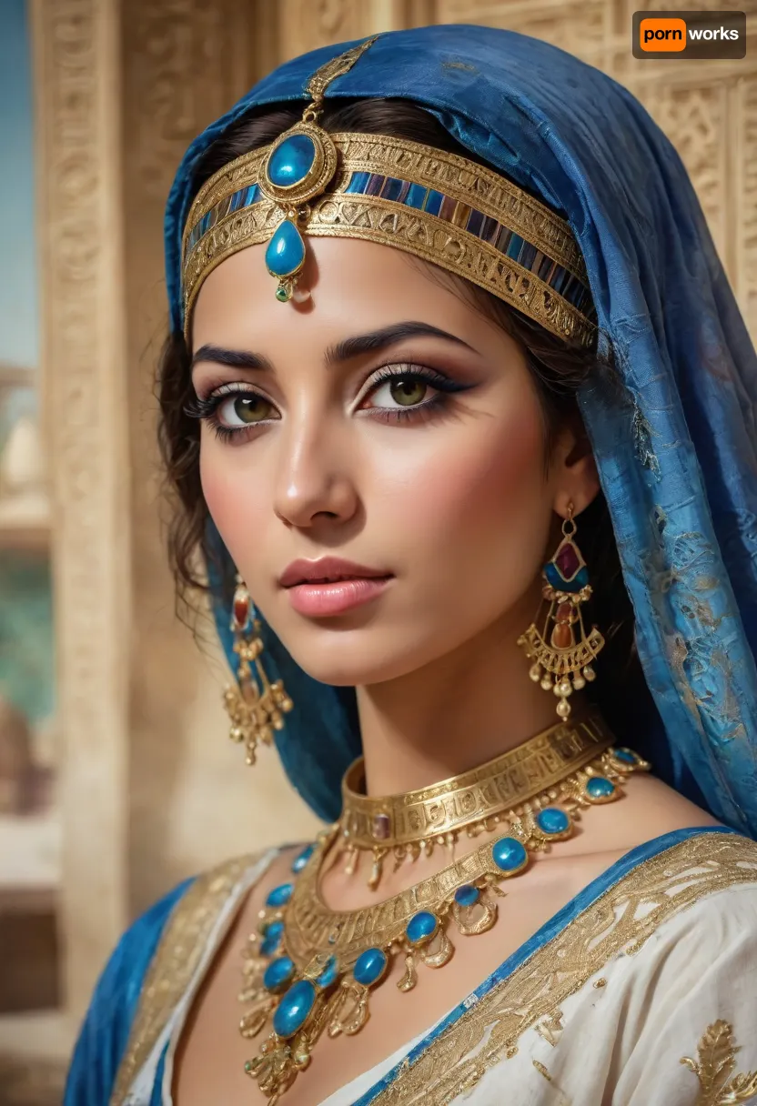 Portrait of a Egyptian beauty in national costume, lace filigree of bright, rich color. Super clear, highly detailed watercolor, glaze technique, plus colored alcohol ink, style of fayoumi upper egypt