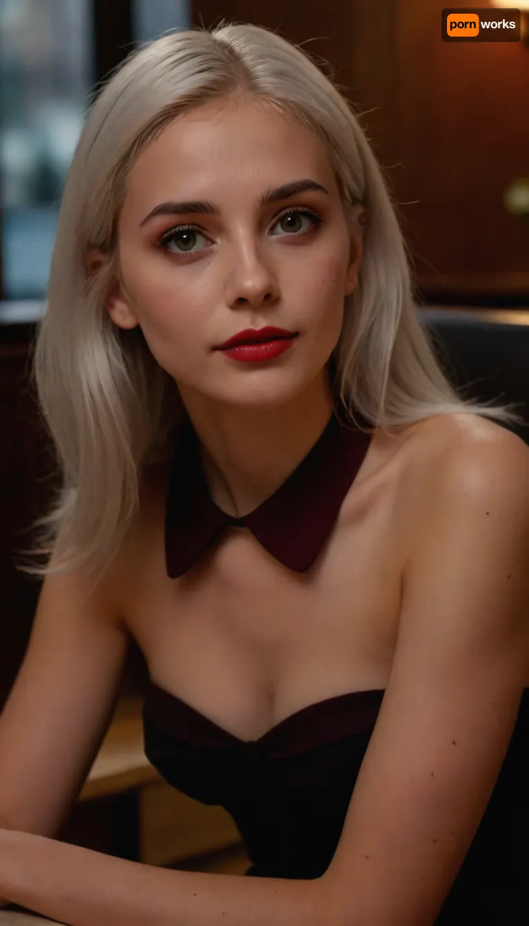 POV you are on a date in a restaurant with an extremely cute 18yo girl. She has ash-colored white hair. She has very slender figure. She has bony skinny figure. She has flat chest. She has a slender face with cheekbones., ((moles on her face)), . She has sharp chin and nose. She is wearing dark red blouse, black skirt and high heels. She is sitting in front of you. She wants to seduce you. Masterpiece. 8k ULTRA HD. Ultra realistic face and skin. Ultra realistic girl. supermodel, face, big, lips, <lora:Beautify-Supermodel-SDXL:1.4>